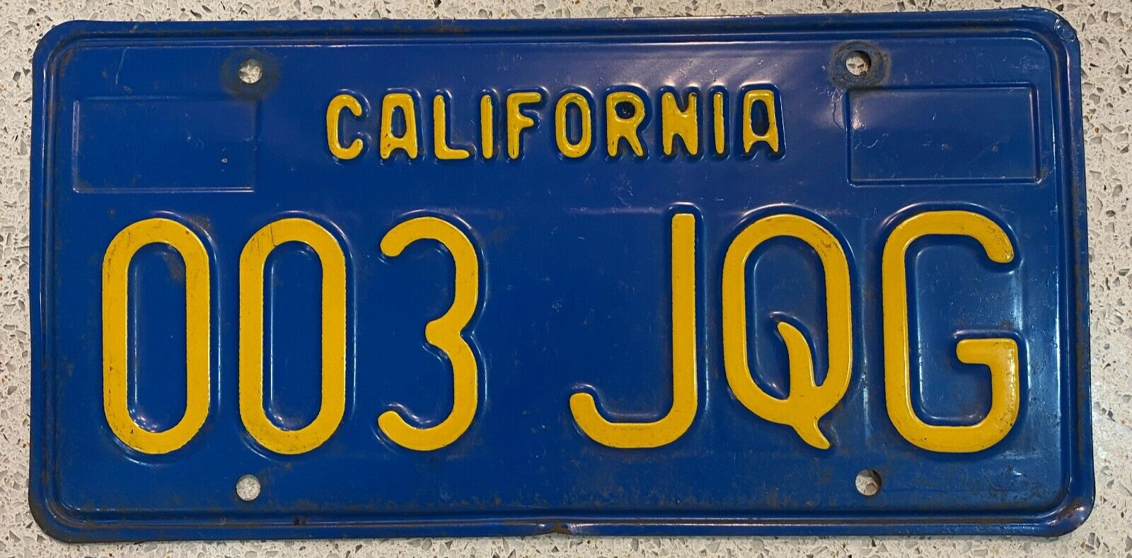 Vintage 1970s/1980s Blue California License Plate #003-JQG Lower Number