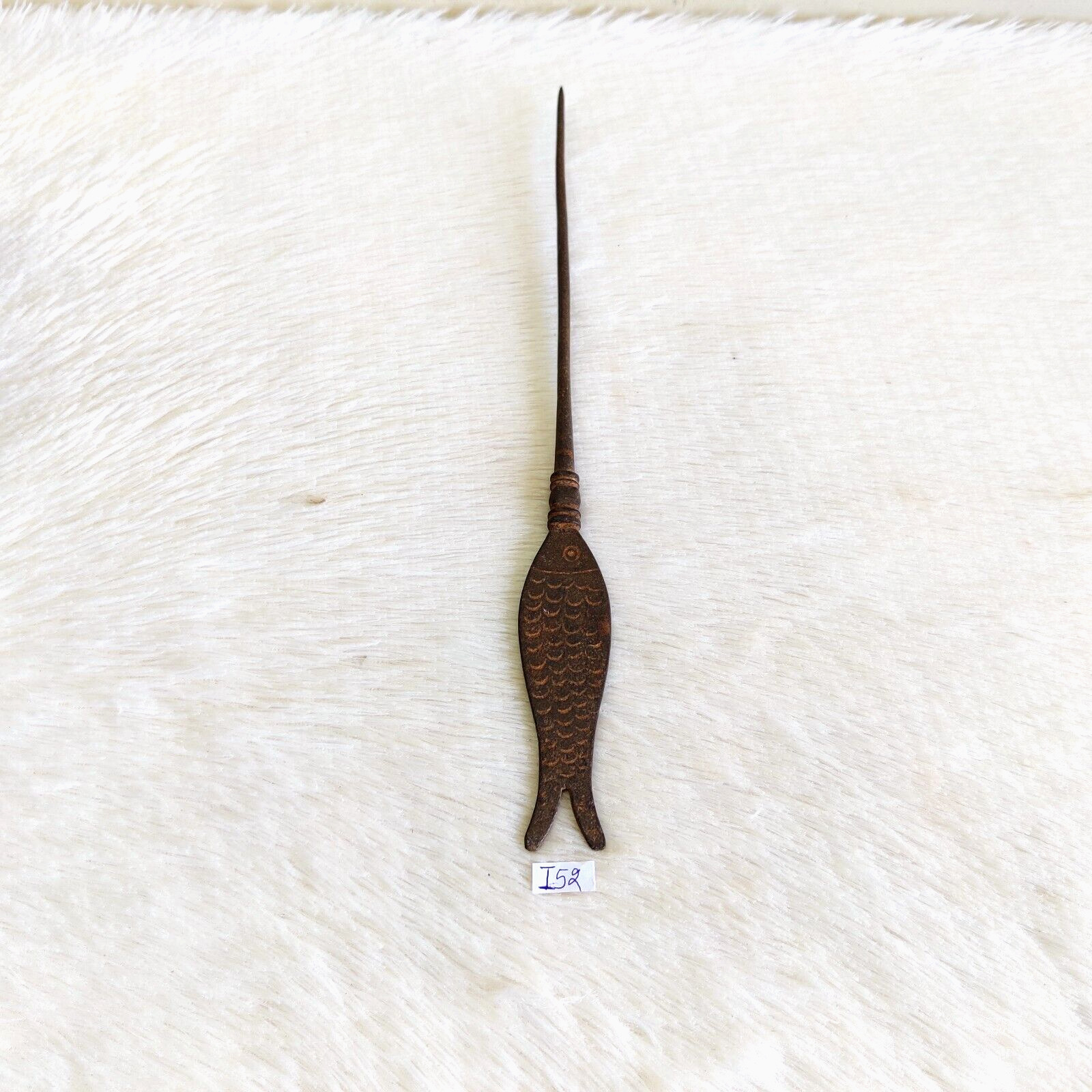 19c Vintage Beautiful Carving Fish Hair Bun Pin Iron Dagger Collectible Rare I52