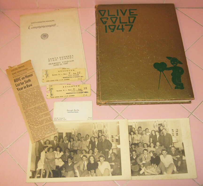 1947 Olive Gold Yearbook Santa Barbara CA Commencement Program Clipping Tix Stub