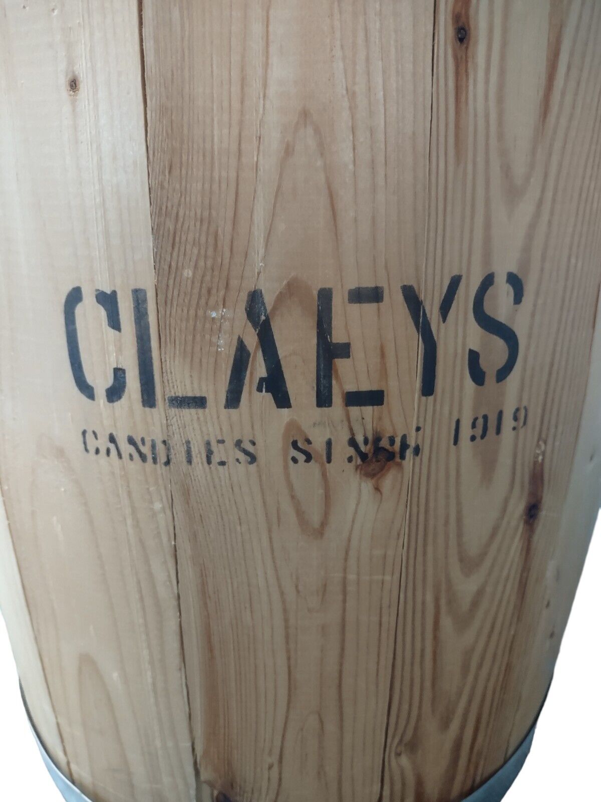 Claeys Candies Wood Panel Store Display Barrel Wooden container