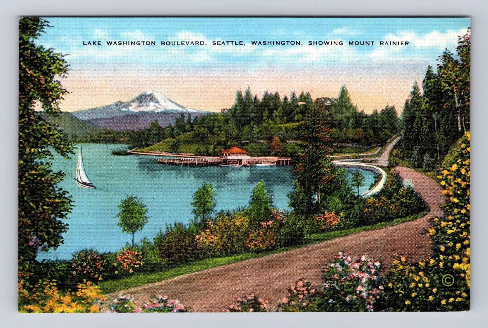Seattle WA-Washington, Lake Washington Boulevard, Mount Rainier Vintage Postcard