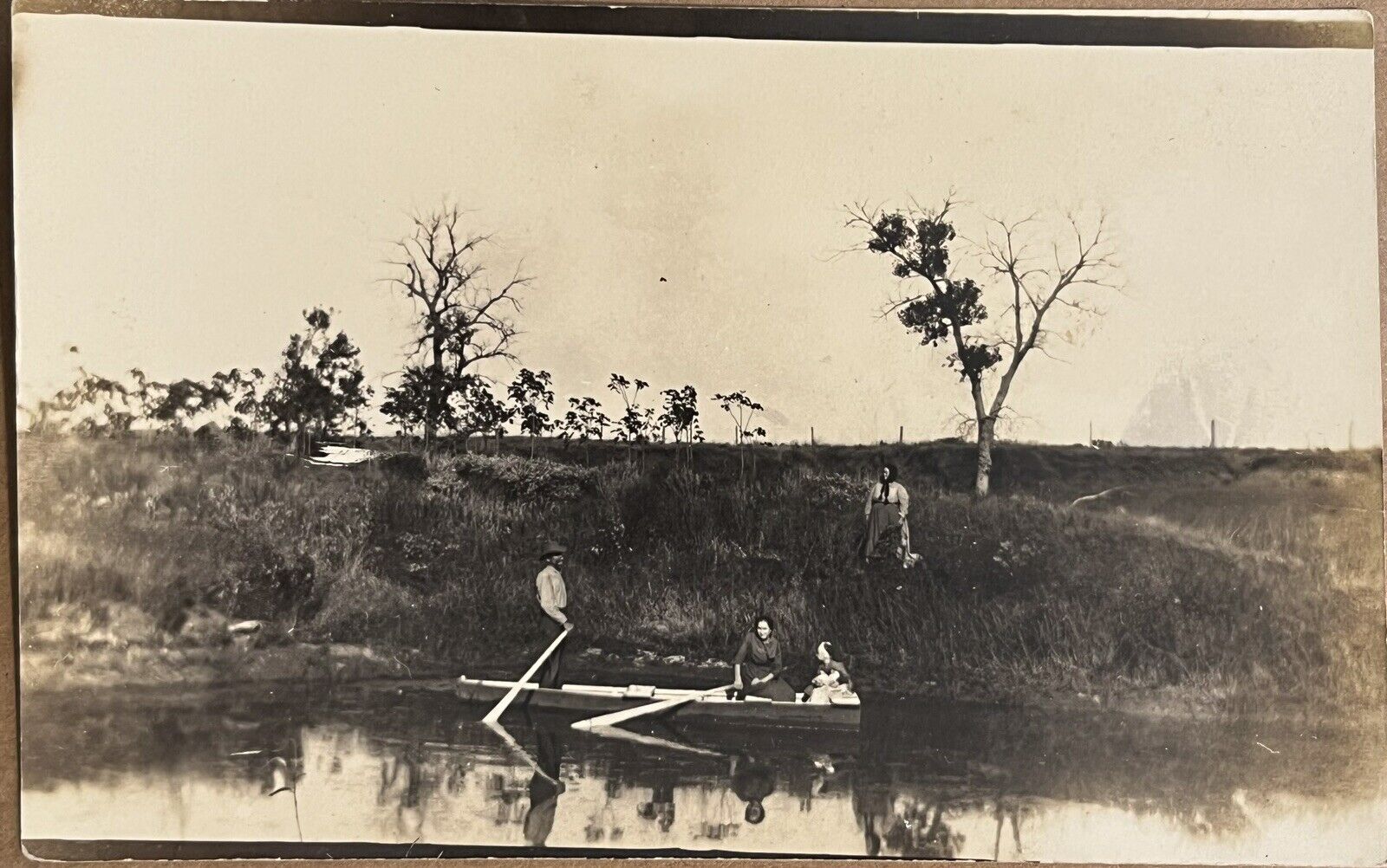 RPPC People in Canoe at River Bank Antique Real Photo Postcard c1910