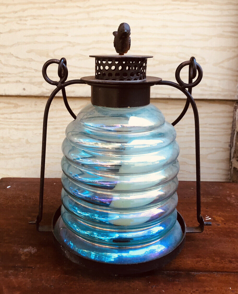 Vintage Cast Iron Lantern  ￼Candleholder hurricane iridescent glass 10 x 7