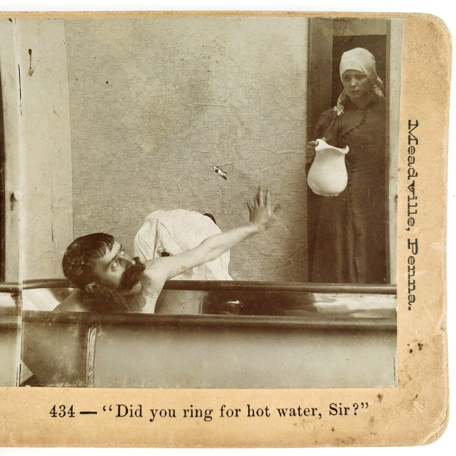 Maid Surprising Bathing Man Stereoview c1895 Risque Victorian Clawfoot Tub A2530