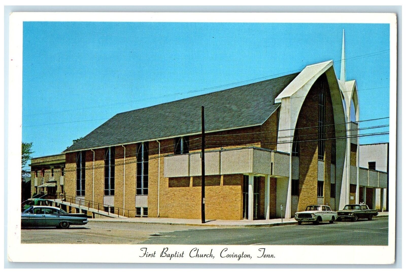 c1950's First Baptist Church Building Classic Cars Covington Tennessee Postcard