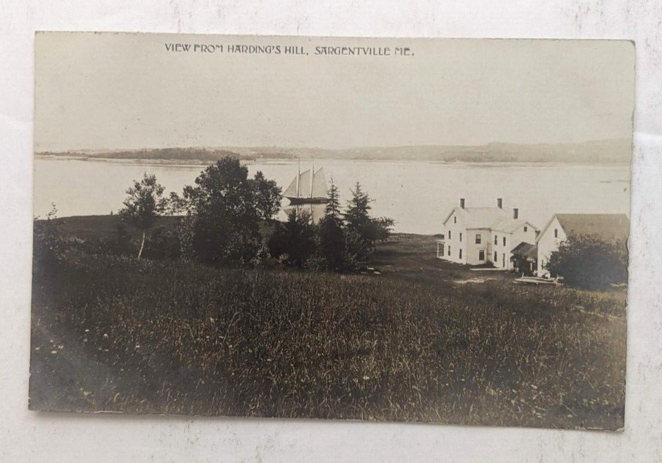 1908 RPPC HARDING'S HILL SARGENTVILLE ME PENOBSCOT BAY BOAT REAL PHOTO POSTCARD