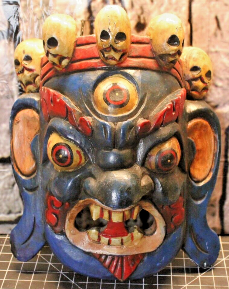 Tibetan Buddhist Mahakala Fierce God Death Shaman Ritual Wooden Mask Wall Decor