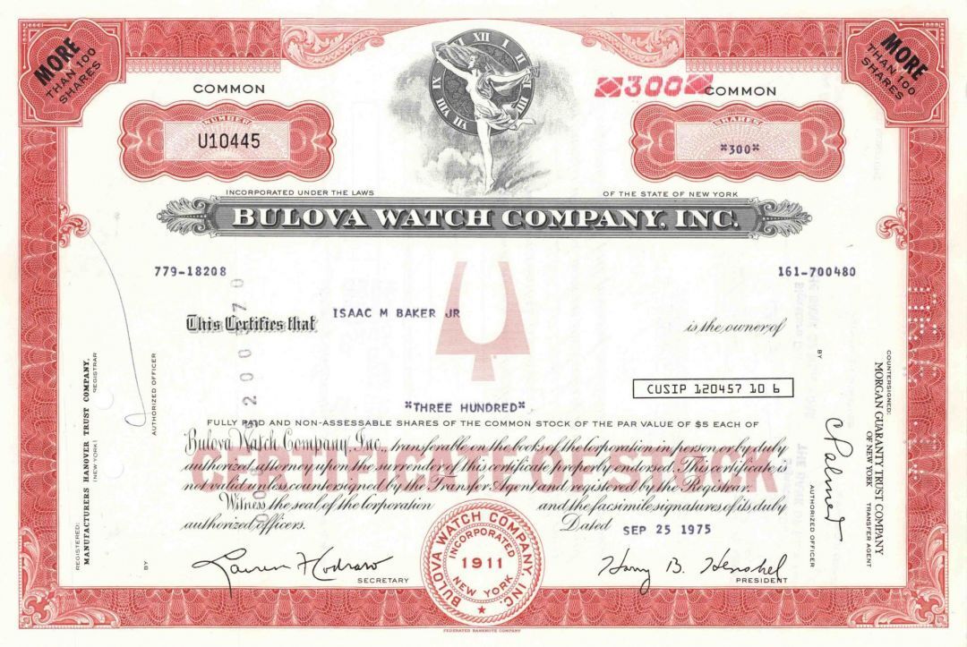 Bulova Watch Cmpany Inc. - Famous Watch & Clock Stock Certificate - General Stoc