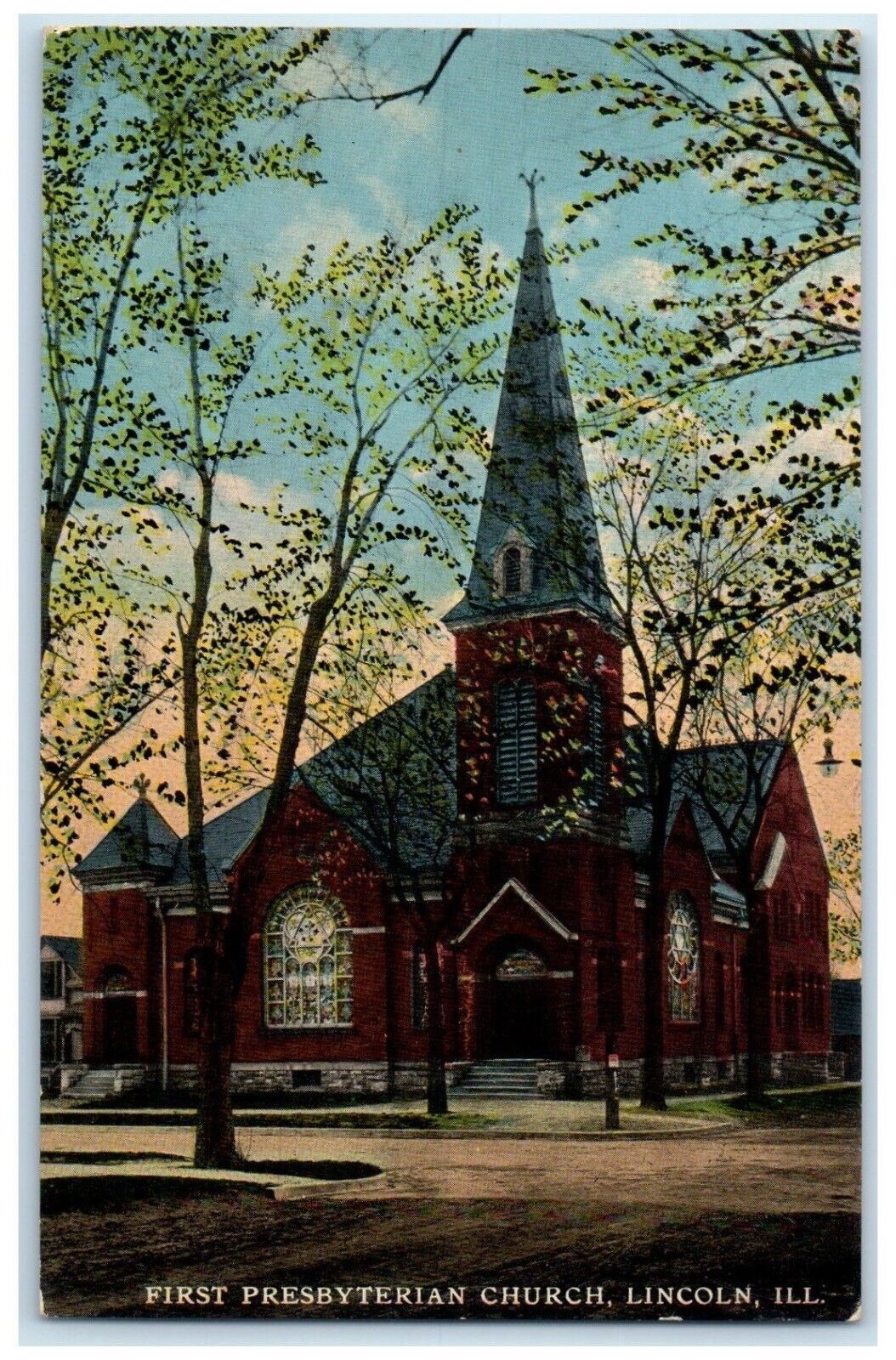 c1910 First Presbyterian Church Exterior Building Lincoln Illinois IL Postcard