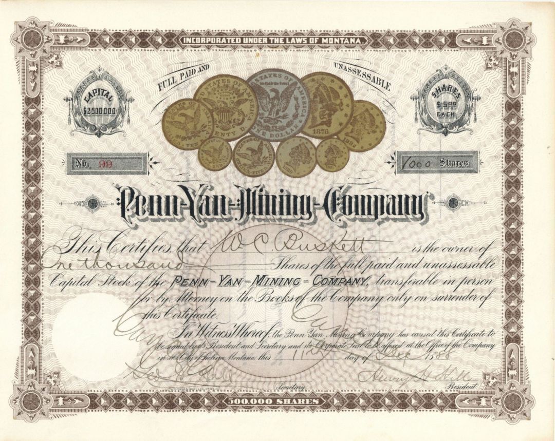 Penn-Yan-Mining-Co. - 1887-1892 Stock Certificate - Mining Stocks