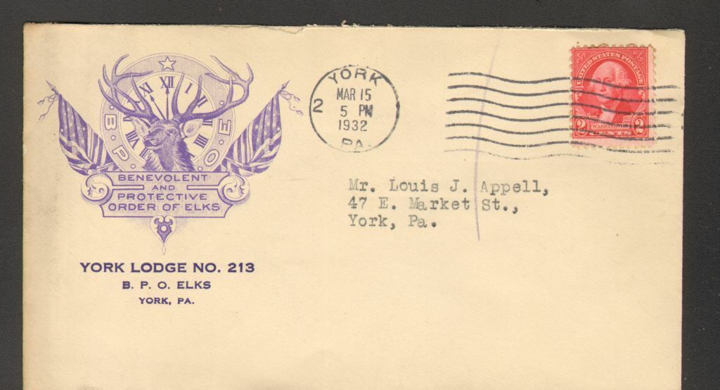 1932 Postmarked Advertising Cover Envelope BPOE Elks York Lodge 213 Benevolent