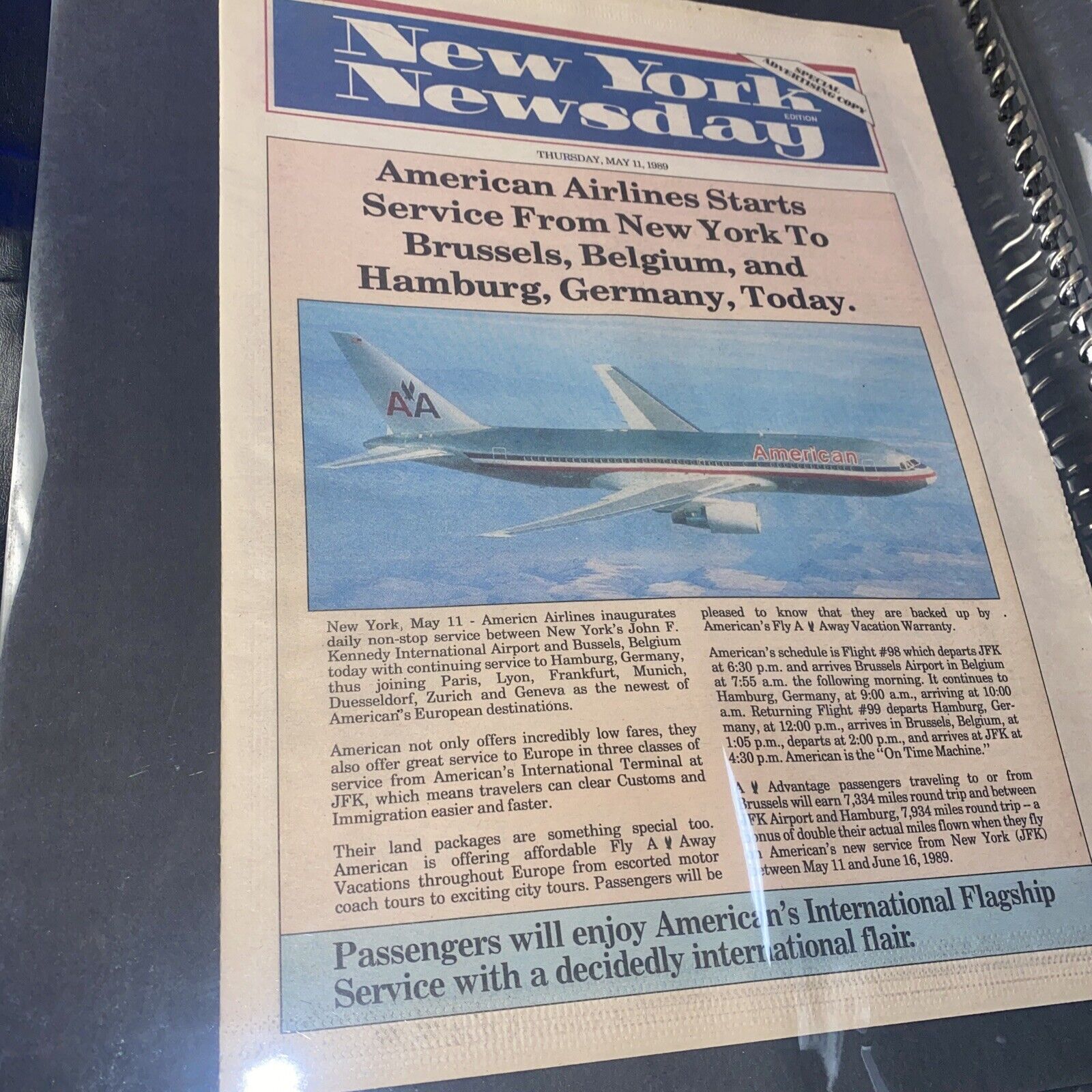 Newsday Front page May 11, 1989 American Airlines Starts Service from New York