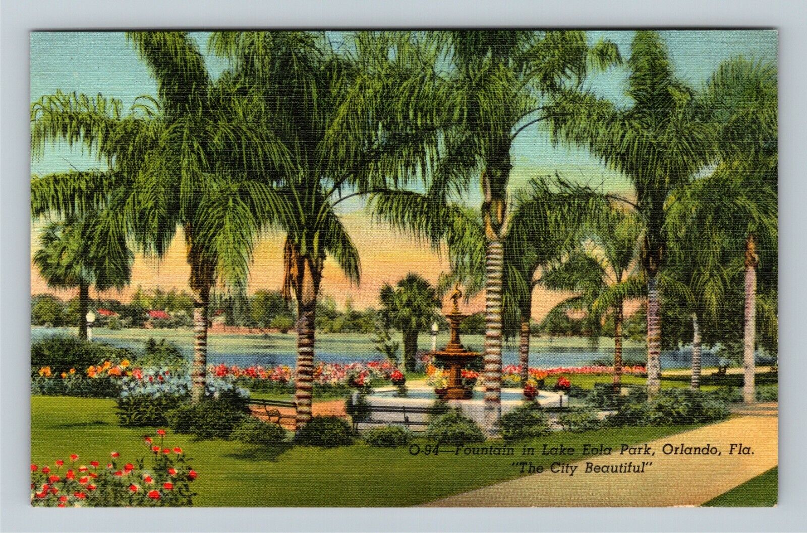 Orlando FL-Florida, Tropical View Lake Eola Park Fountain Gardens Linen Postcard