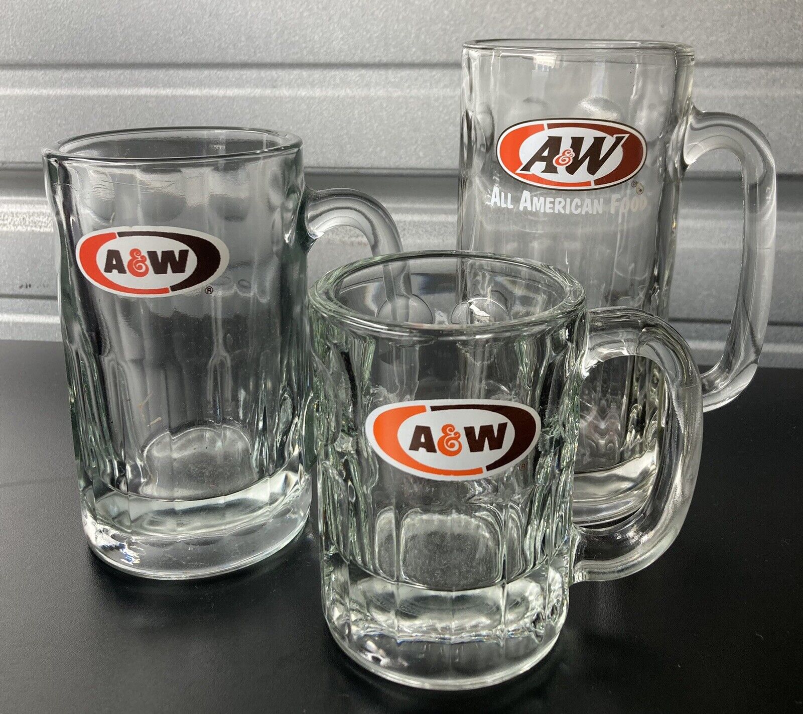 Vintage A&W AW Root Beer Dimpled Glass Mugs  SET OF 3 Heavy Stein & MUG