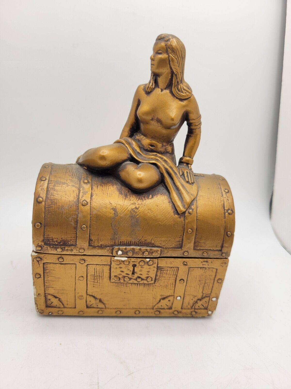 Vintage Golden Maiden Sitting On Treasure Chest Storage Box 