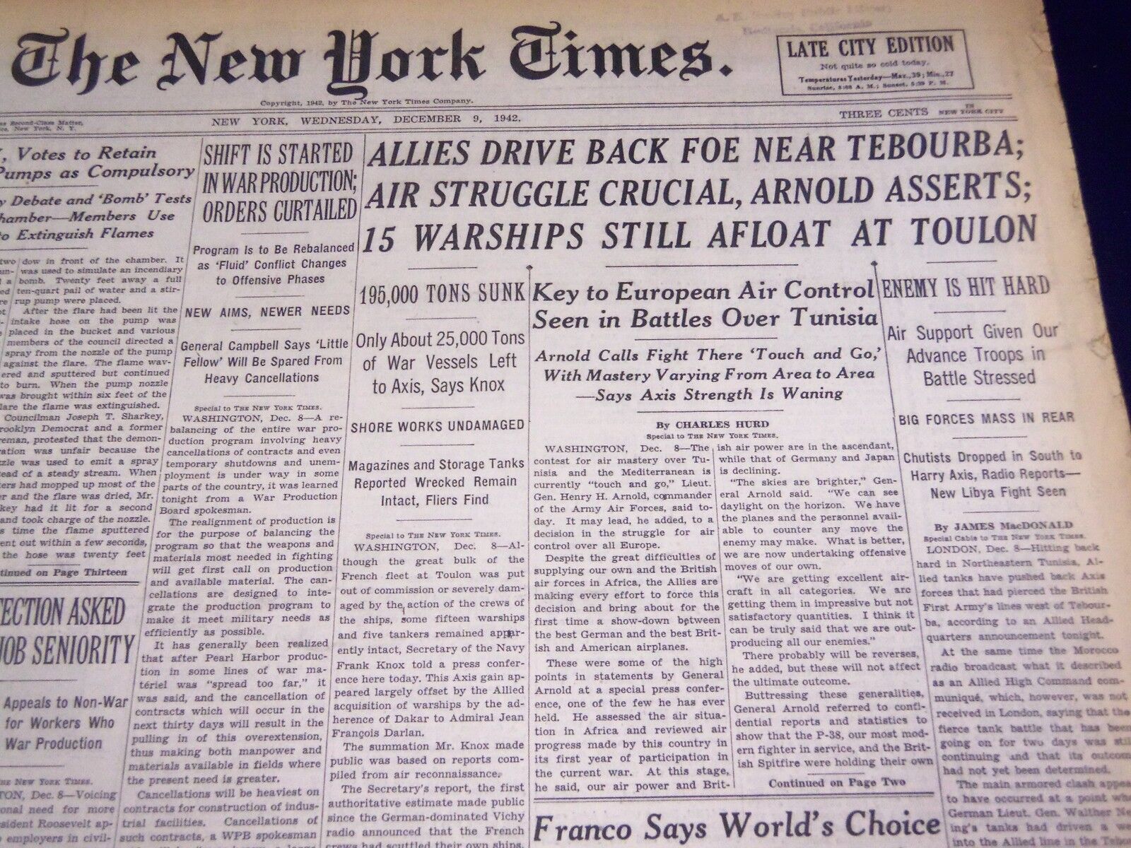 1942 DECEMBER 9 NEW YORK TIMES - ALLIES DRIVE BACK FOE NEAR TEBOURBA - NT 1224