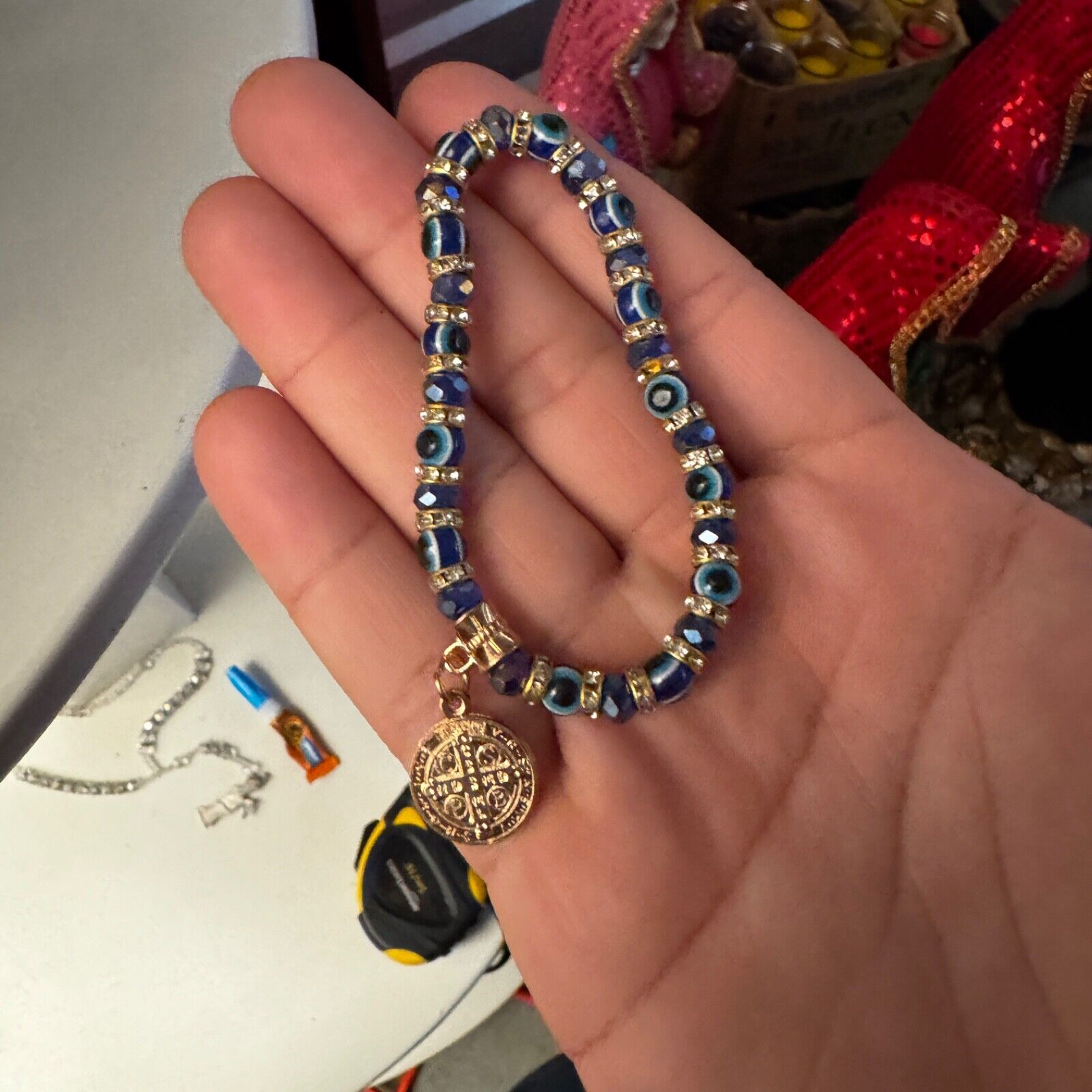 Blue Evil Eye Bead Bracelet with Saint Benedict Medal Protection Charm Spiritual