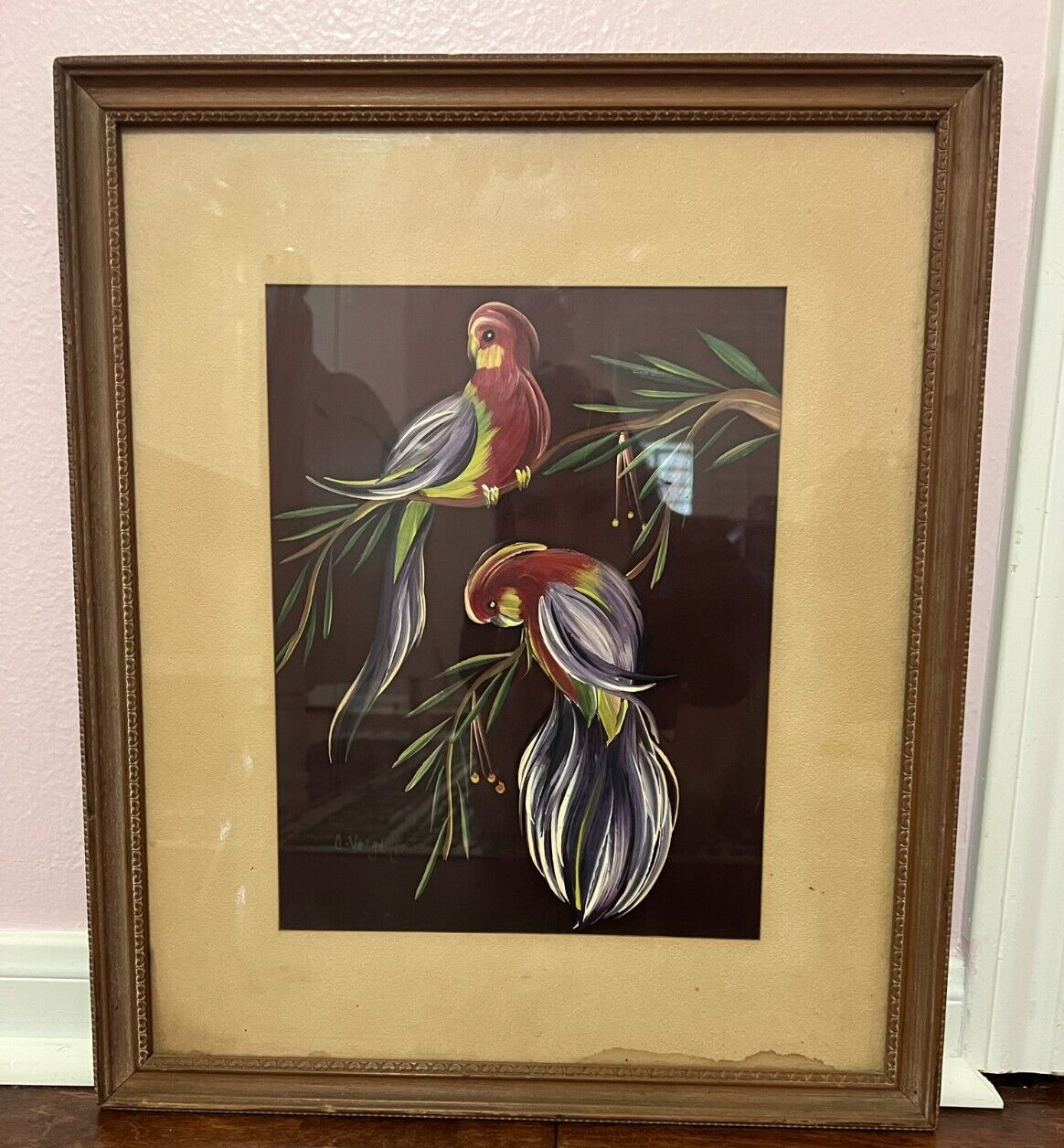 Vintage Bird Painting on Silk Original Asian Painting Signed Framed Vintage