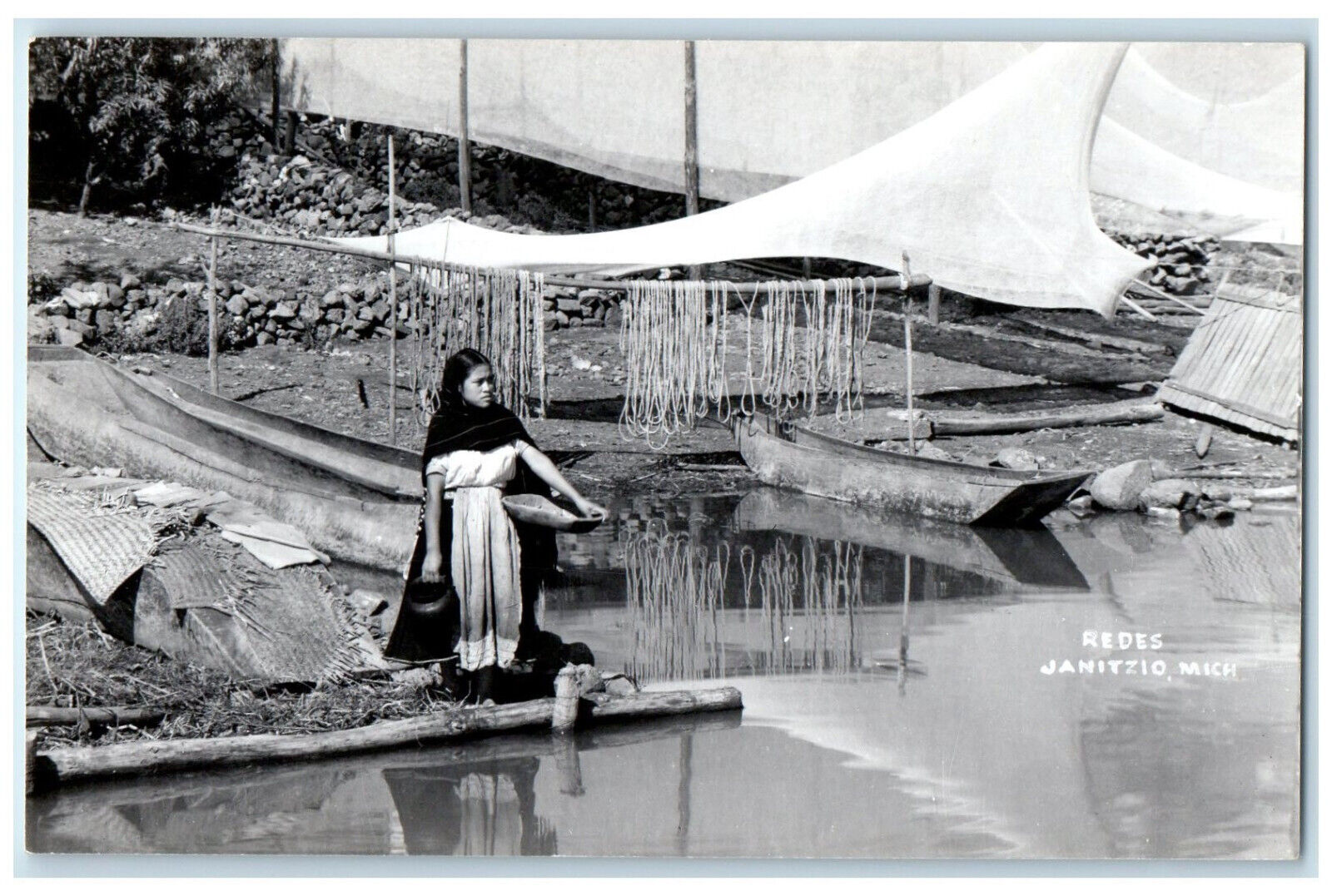 c1950's Redes de Janitzio Michoacan Mexico River Boat Woman RPPC Photo Postcard