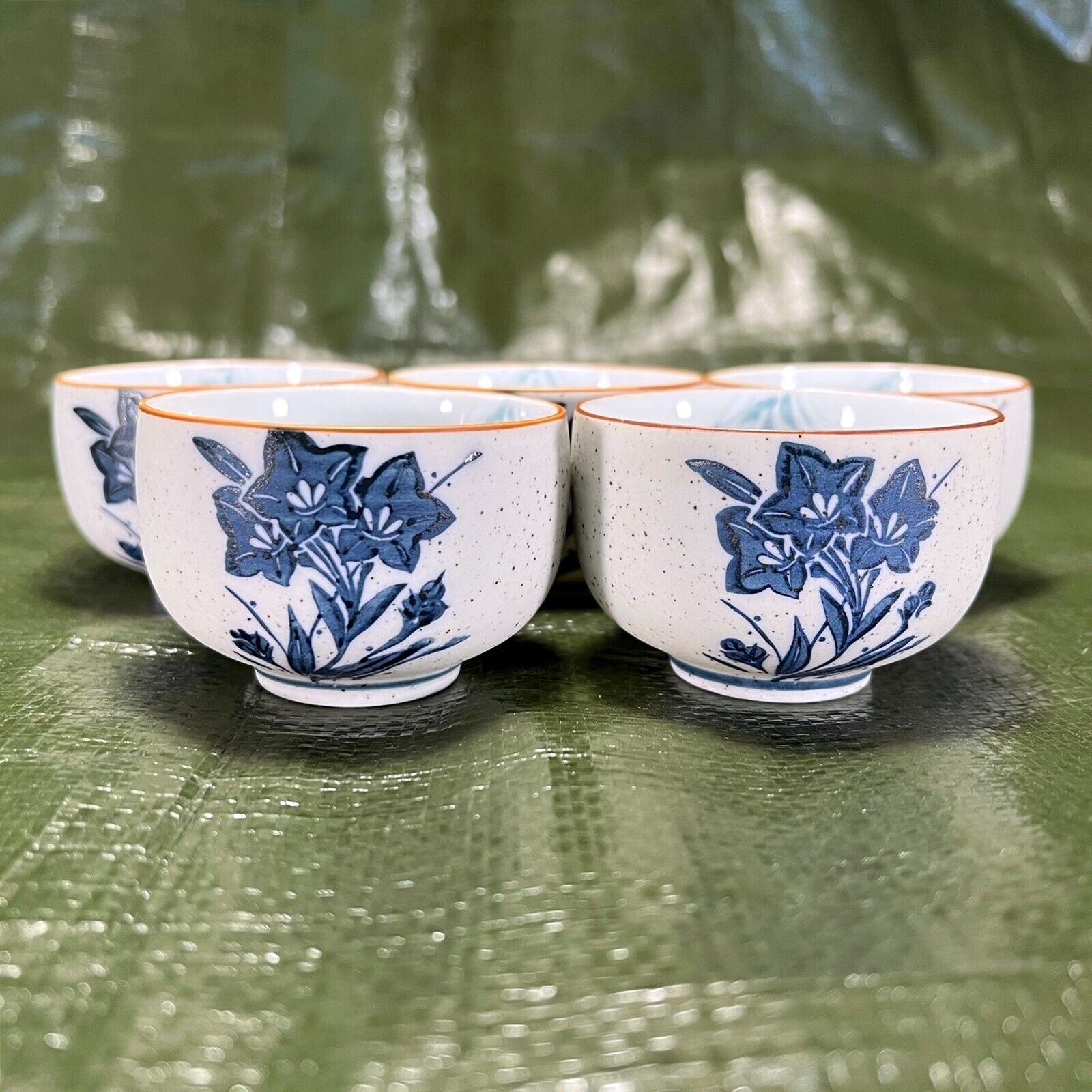 Vintage Arita Ware Engraved Porcelain Tea Cup Set of 5 Indigo Flower Blue Japan