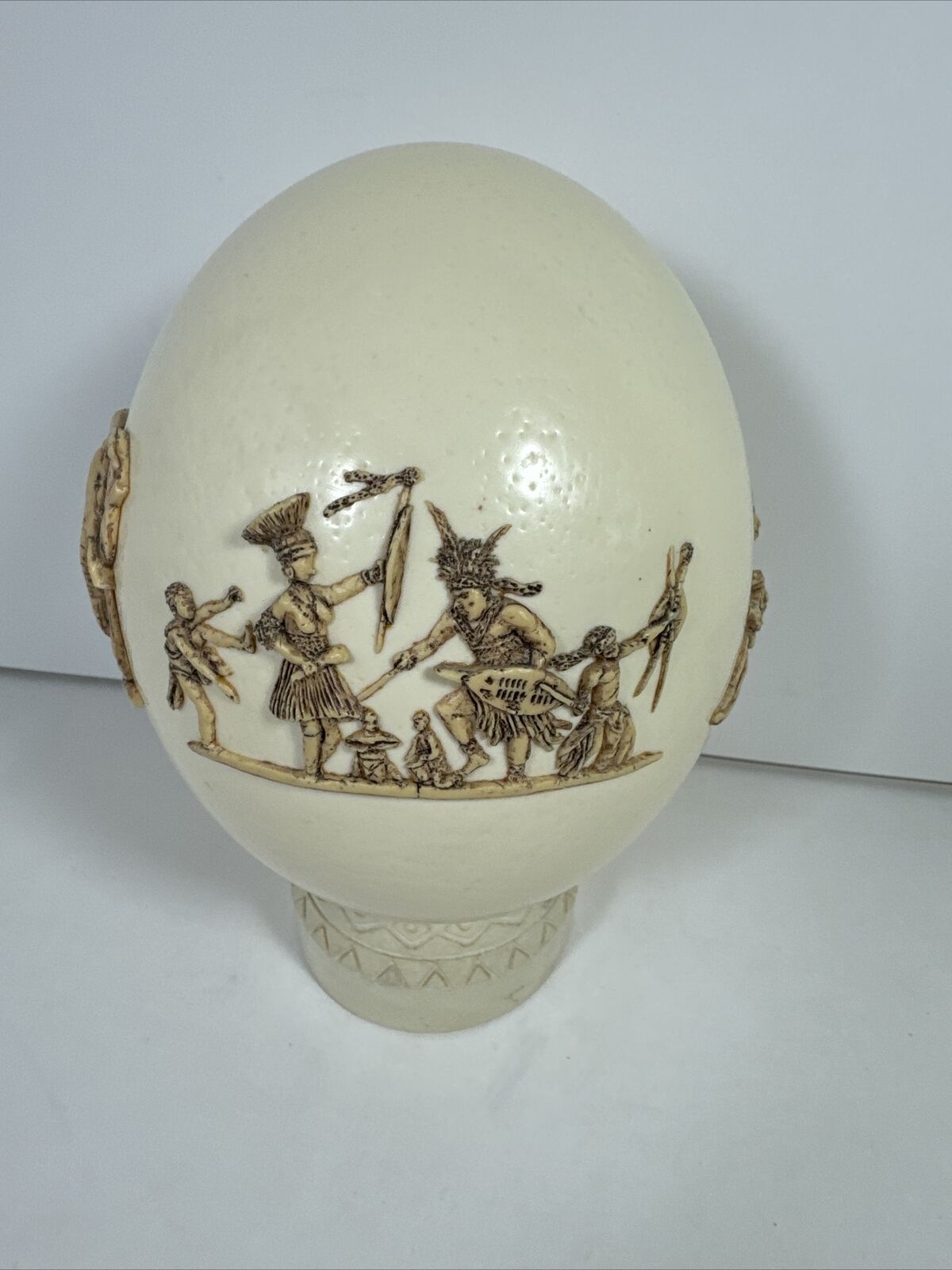 Decorated African Ostrich Egg Ivory Resin Carved African Scenes Lions Elephants+