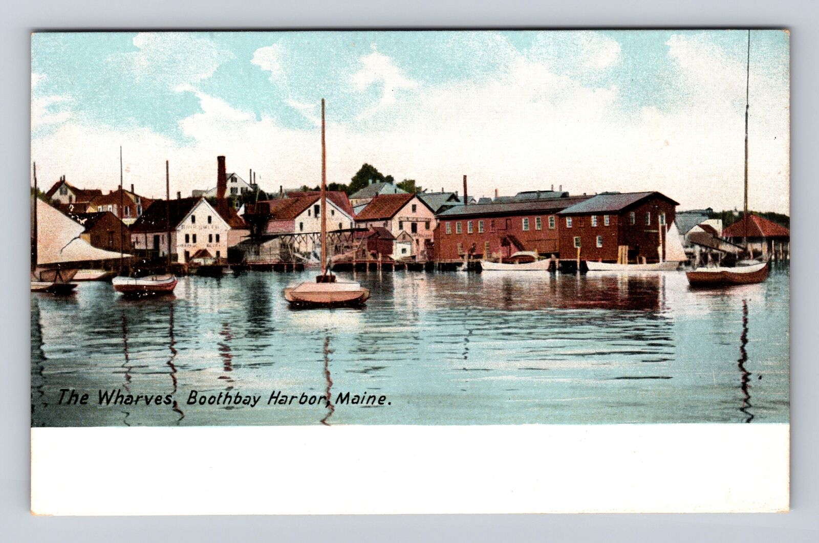 Boothbay Harbor ME-Maine, The Wharves, Antique, Vintage Souvenir Postcard