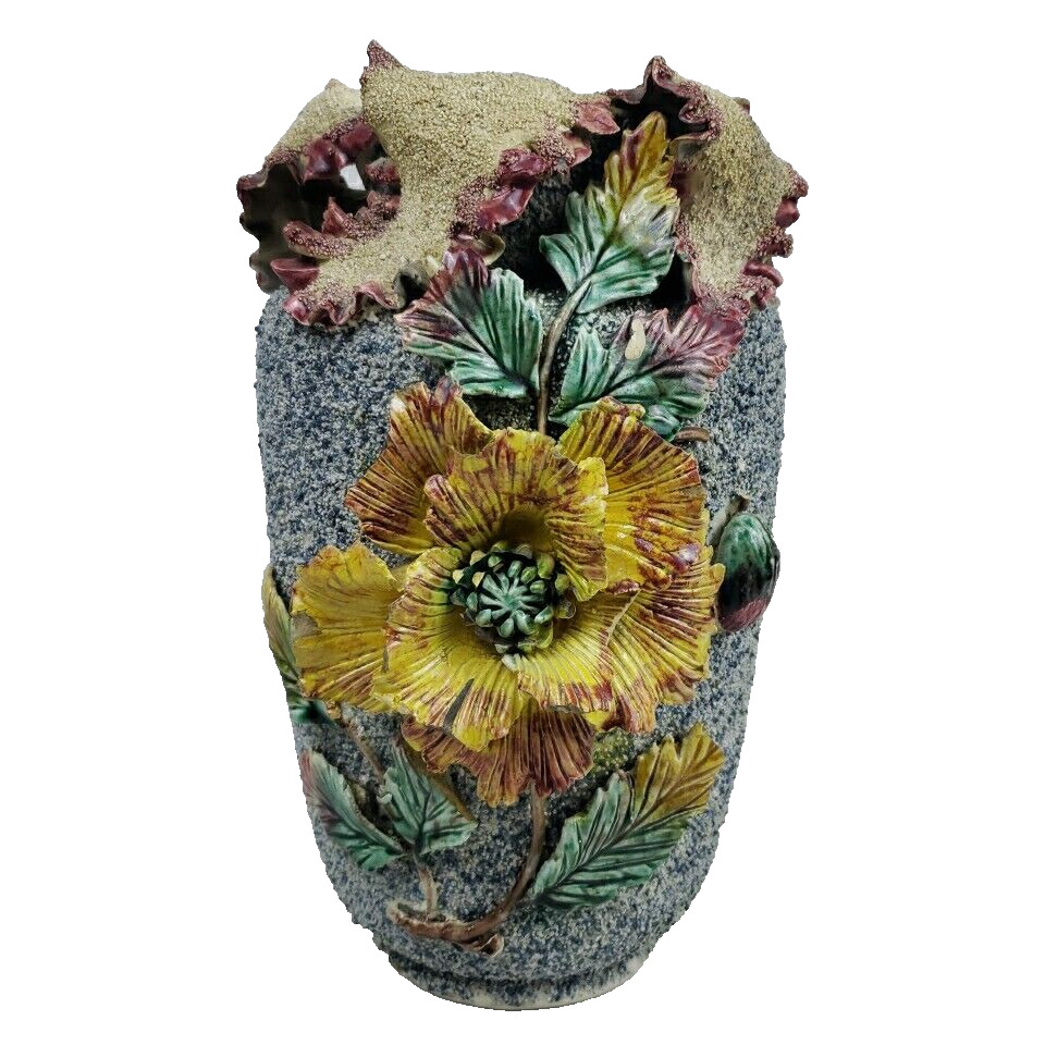 Antique Sand Majolica Pottery Vase Barbotine Ornate Flower Leaf Motif Victorian