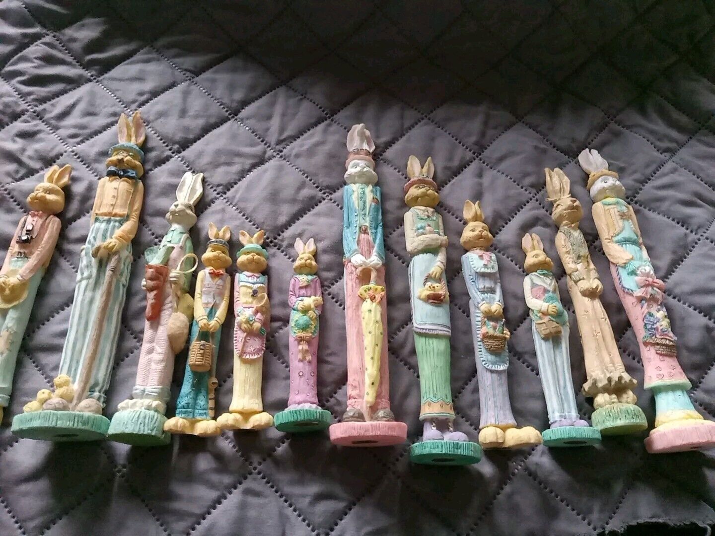 Lot Of 12  Easter Tall Pencil Rabbits Bunnies Resin Wood Easter Decor Whimsy VTG