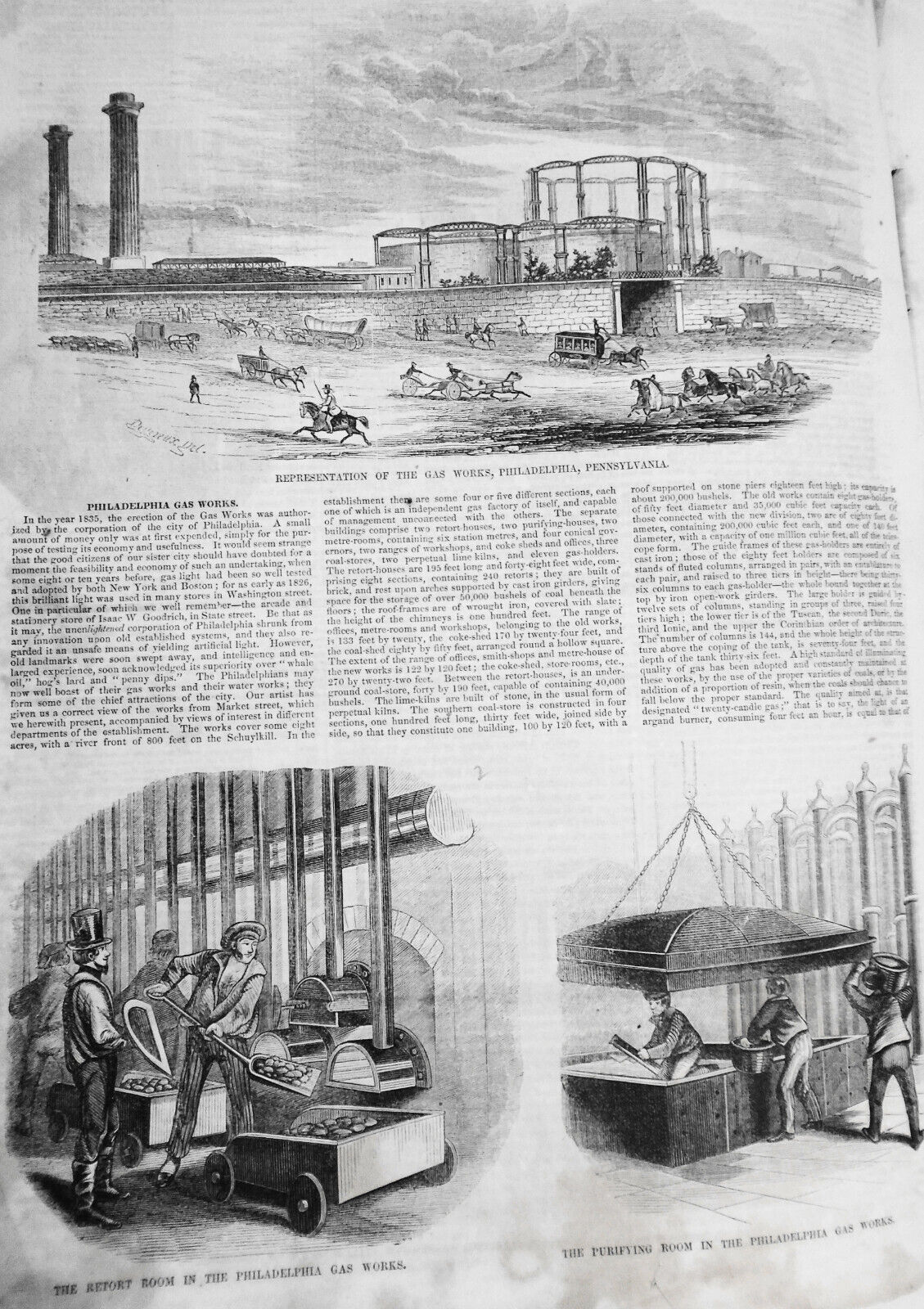 Philadelphia Gas Works - Gleason's Pictorial, April 1853 - 4 Prints & story