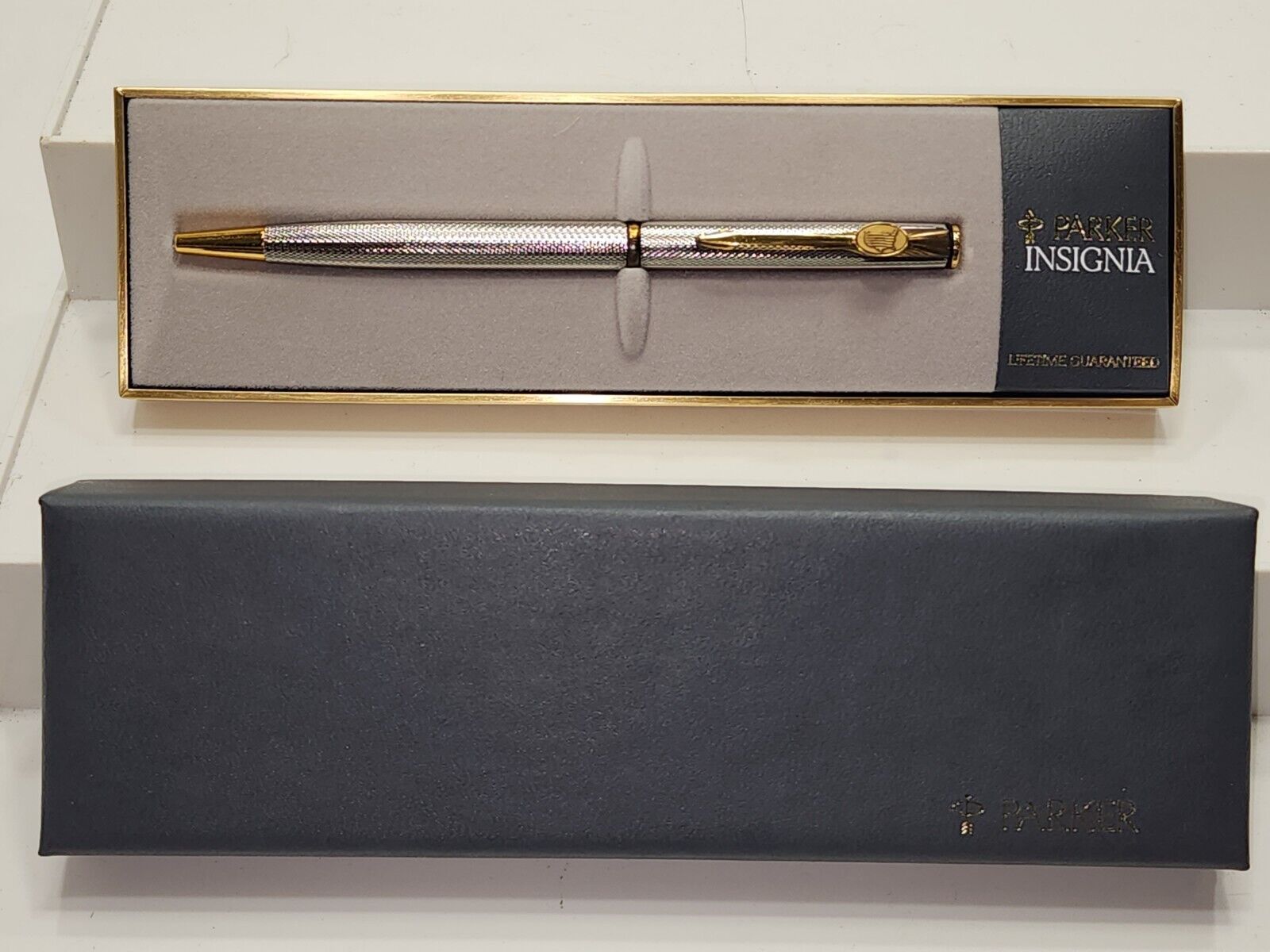 Vintage Parker Insignia Silver Plated Ball Point Pen Black Ink In Gift Box