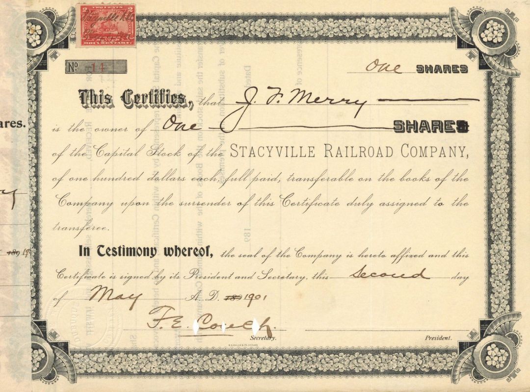 Stacyville Railroad Co. - Stock Certificate - Railroad Stocks