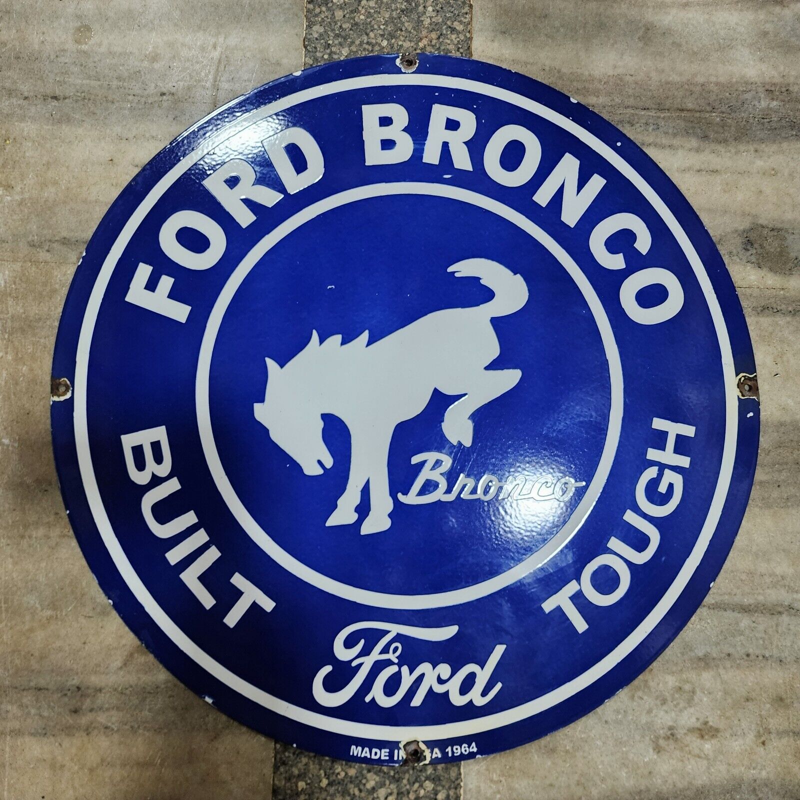 FORD BRONCO PORCELAIN ENAMEL SIGN 30 INCHES ROUND