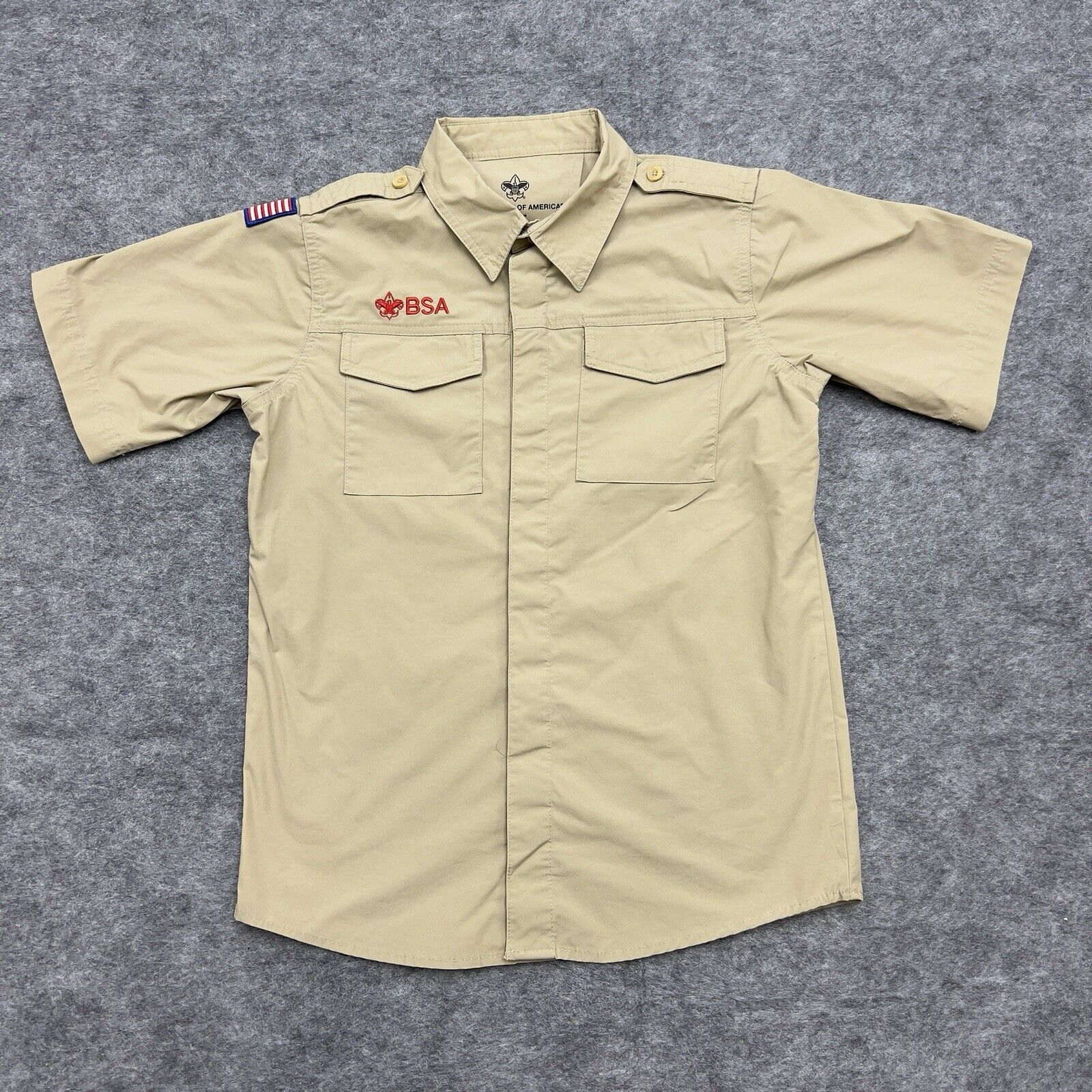 Boy Scouts Of America Button Up Shirt Youth Large Beige Short Sleeve Uniform *