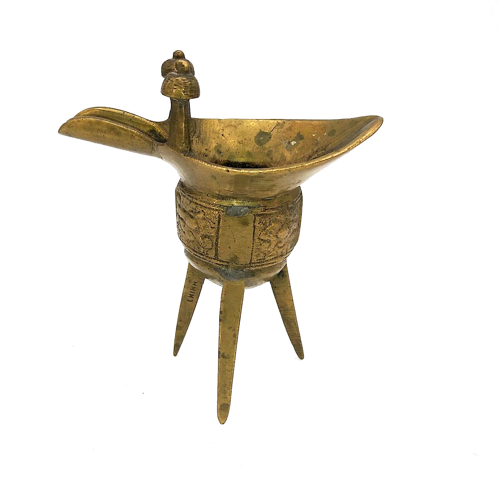 Antique Chinese Brass Jue Libation Cup Ritual Wine Tripod spiritual Vessel
