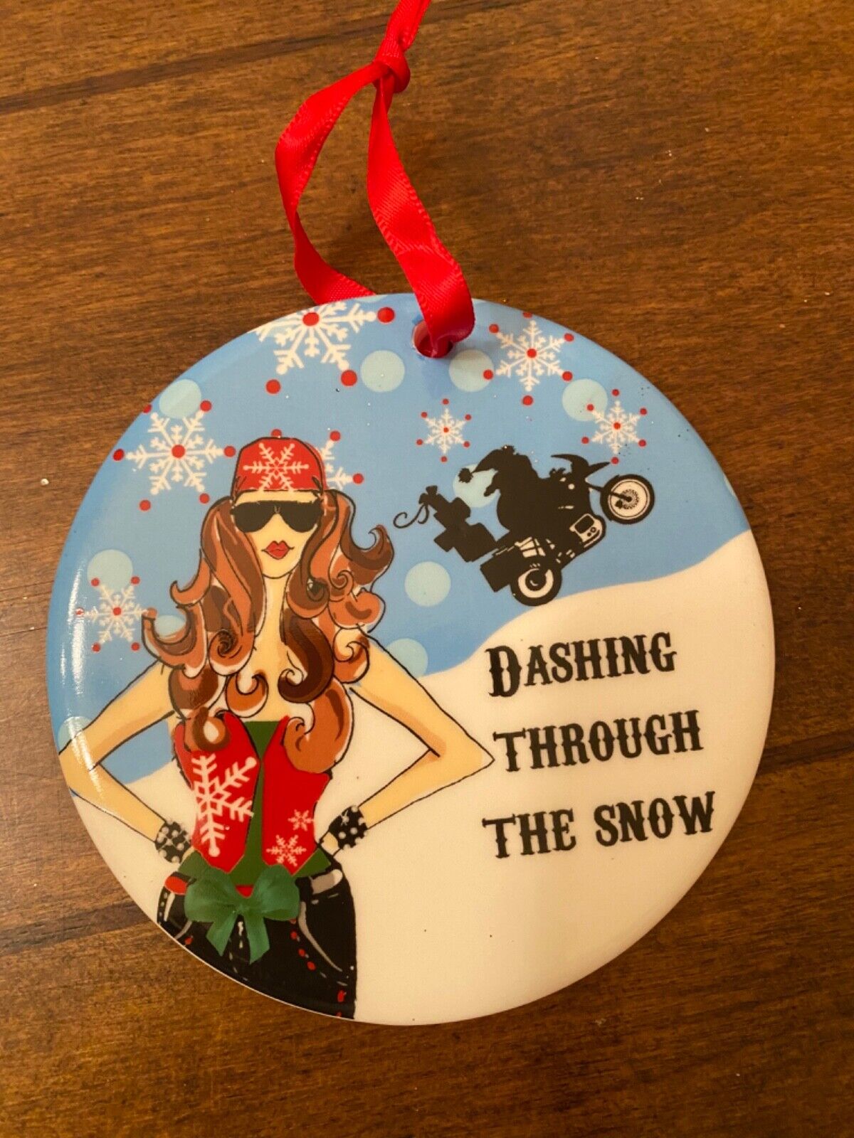 Dashing Through The Snow Santa Motorcycle Biker Lady Ceramic 3\