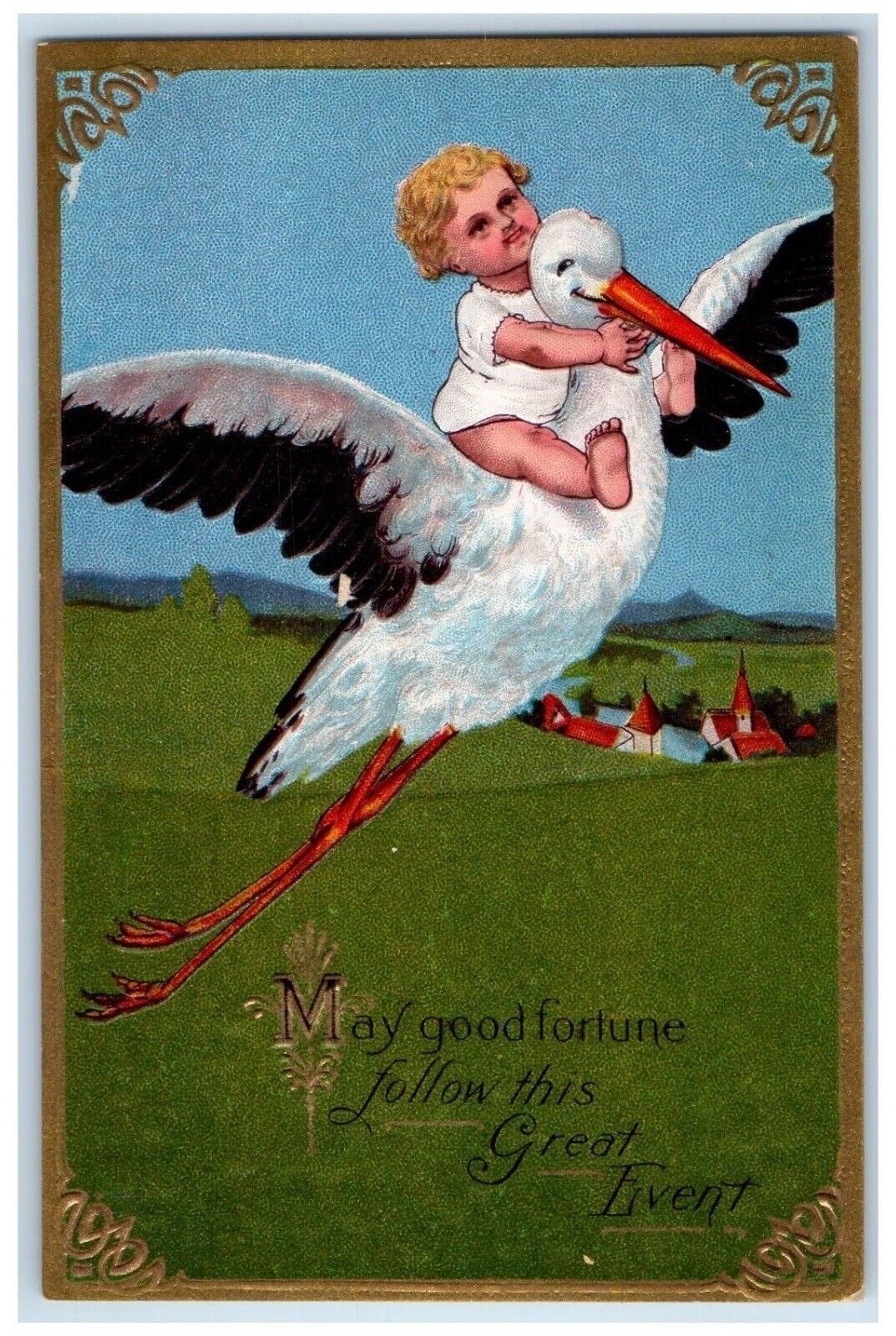 c1910's Stork Delivering Baby Houses Nash Embossed Unposted Antique Postcard