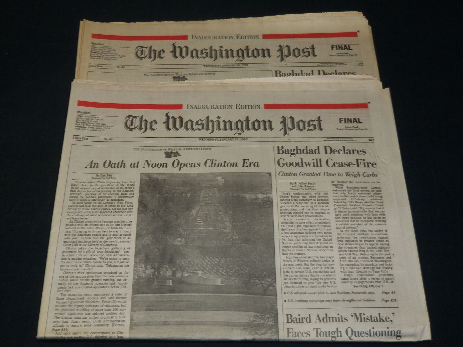 1993 JANUARY 20 WASHINGTON POST NEWSPAPER LOT OF 2 - INAUGURATION - NP 4938