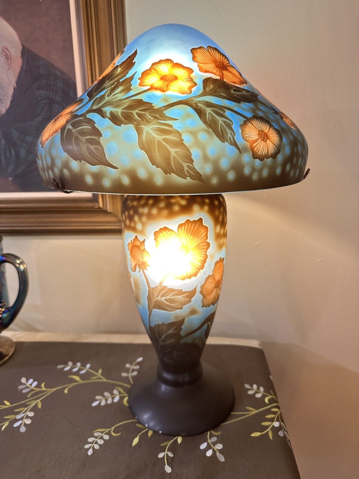 Vintage Emile Galle Style Glass Mushroom Lamp Art Nouveau Blue Orange Flowers