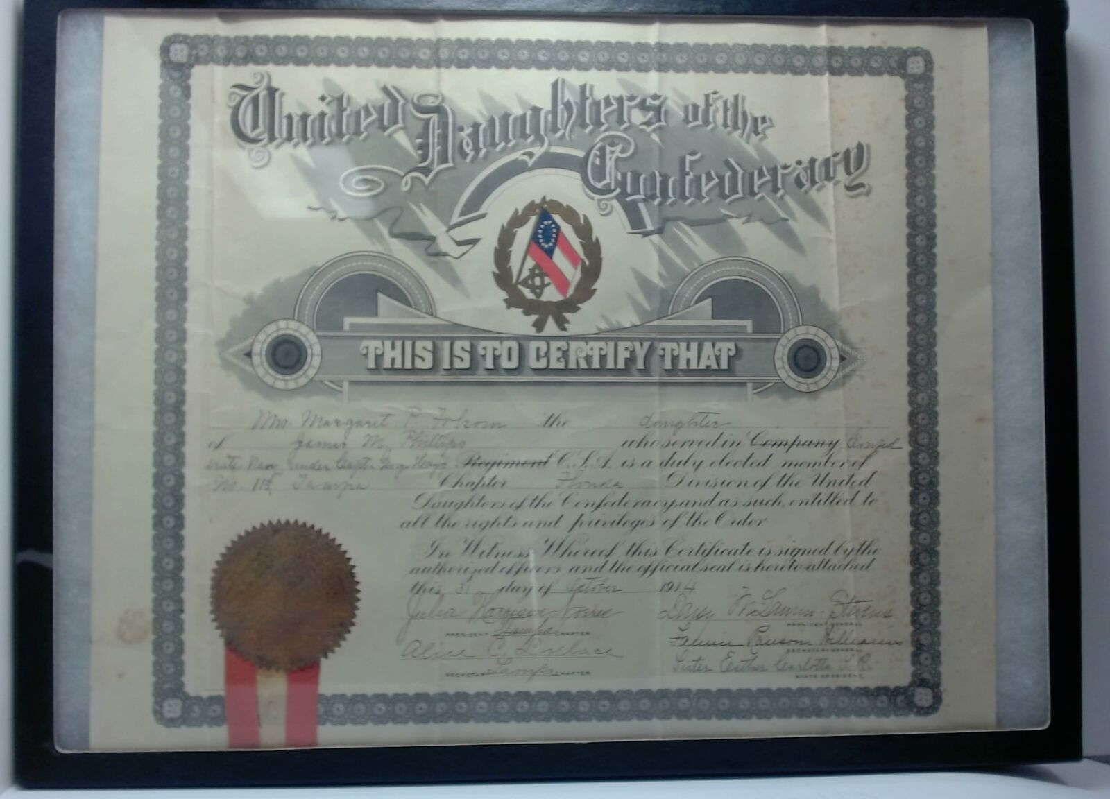 Antique 1914 UDC Member Certificate Tampa, Florida Civil War Veterans 
