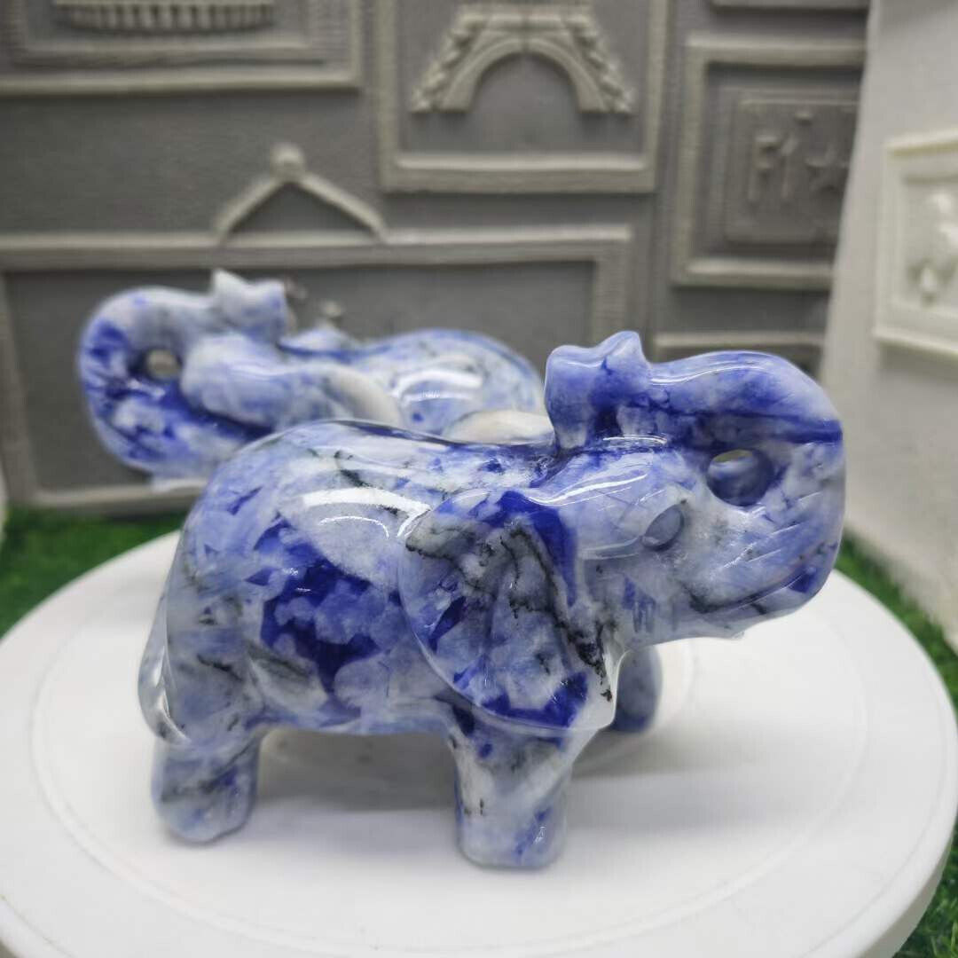 1pc Blue and white porcelain Quartz Carved Elephant Skull Crystal Reiki Decor