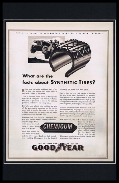 1942 Goodyear Tires Chemgum Framed 11x17 ORIGINAL Vintage Advertising Poster