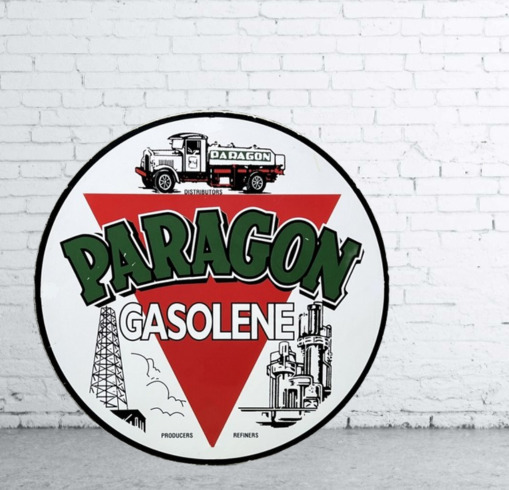 Paragon Gasolene Porcelain Enamel Heavy Metal Sign 30 Inches Round Single Side