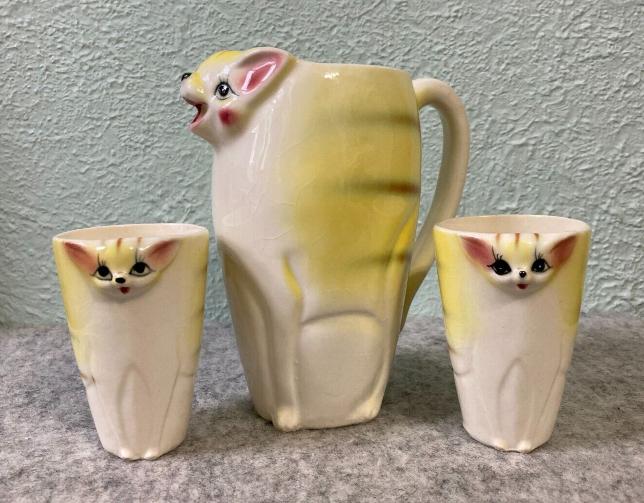 Vintage 1950s Anthropomorphic Yellow Stripe Kitty Cat Pitcher Cups Made in Japan