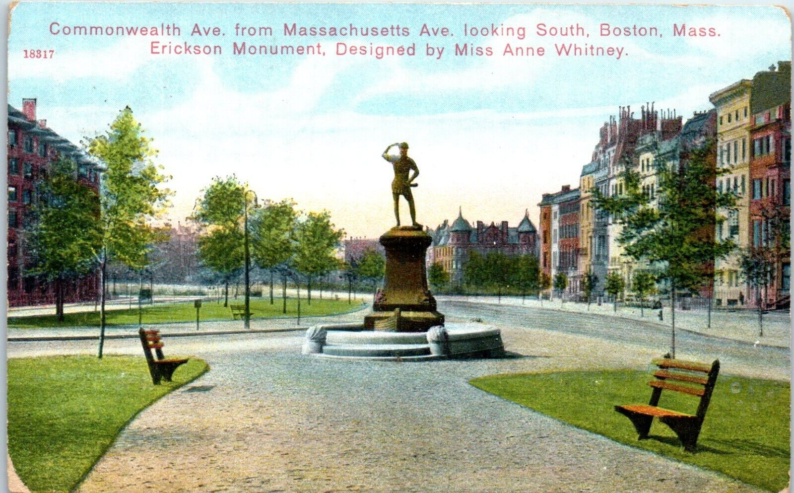 1909 Antique Postcard Boston MA Commonwealth Ave Erickson Monument