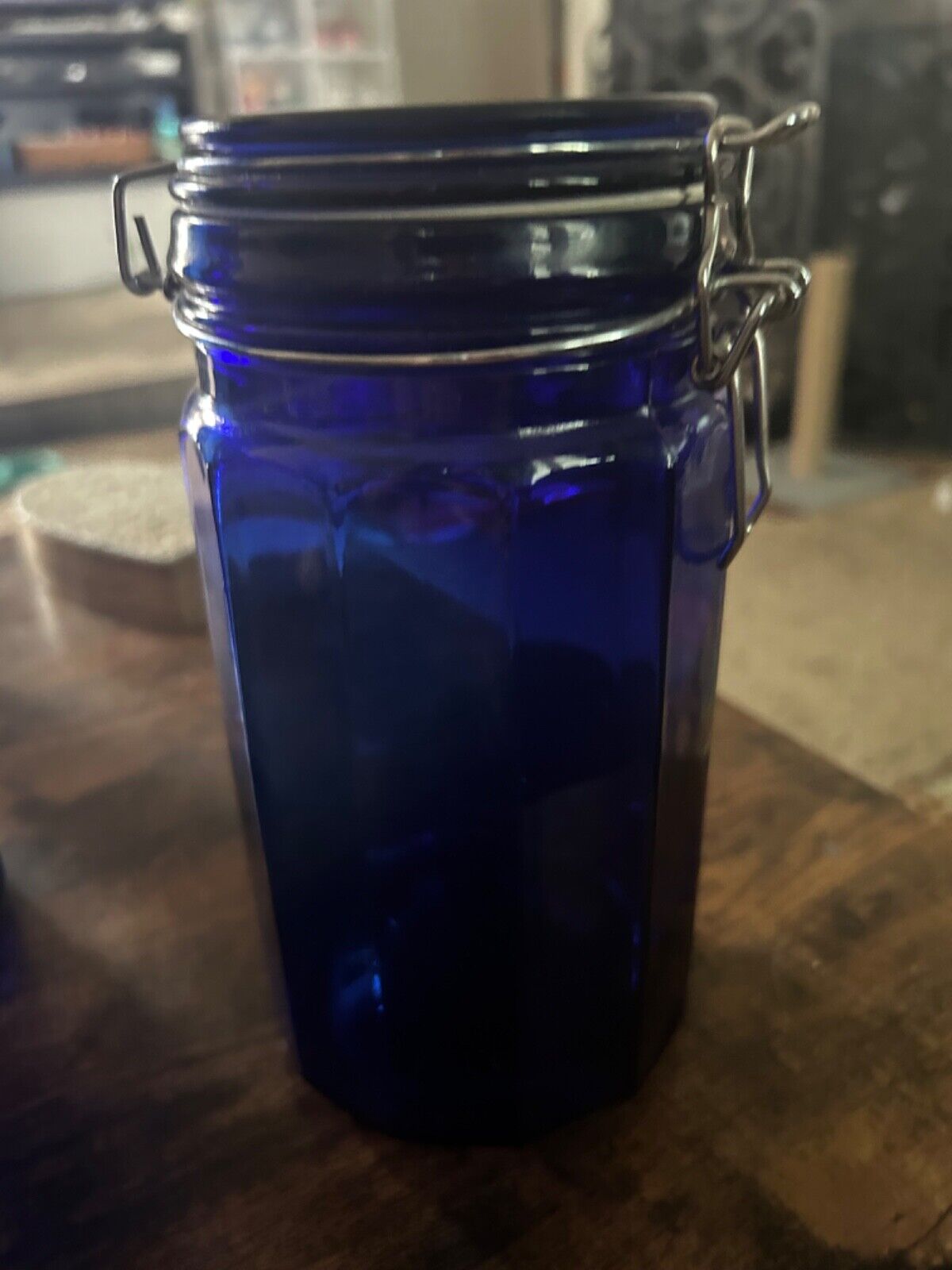 Vintage Cobalt Blue Glass 12 Panel Canister Jar w/ Wire Bail Lid 8” Farmhouse