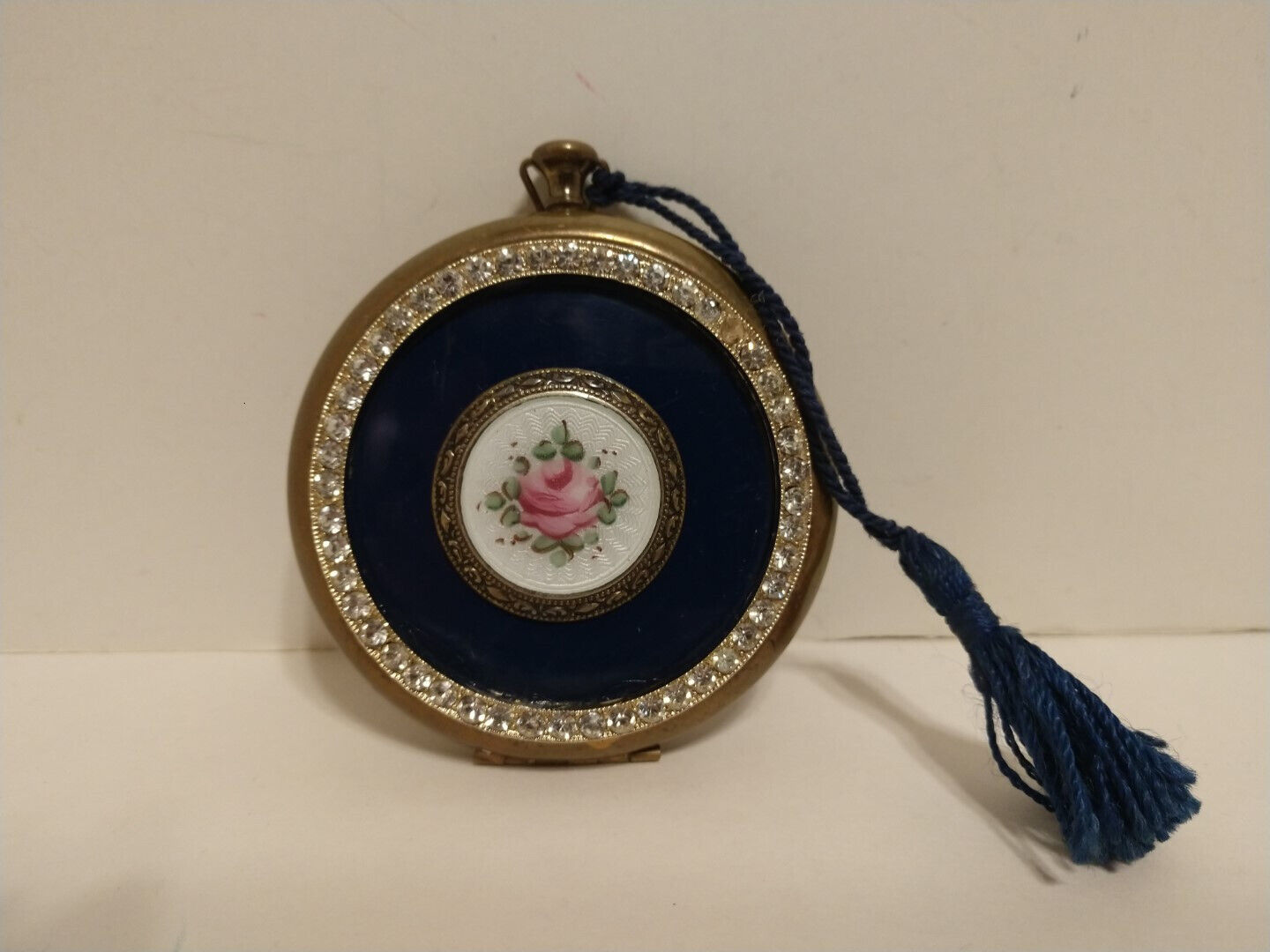 Vintage Zell of Fifth Ave Gold Blue Enamel Rose Round Powder Makeup Compact Case
