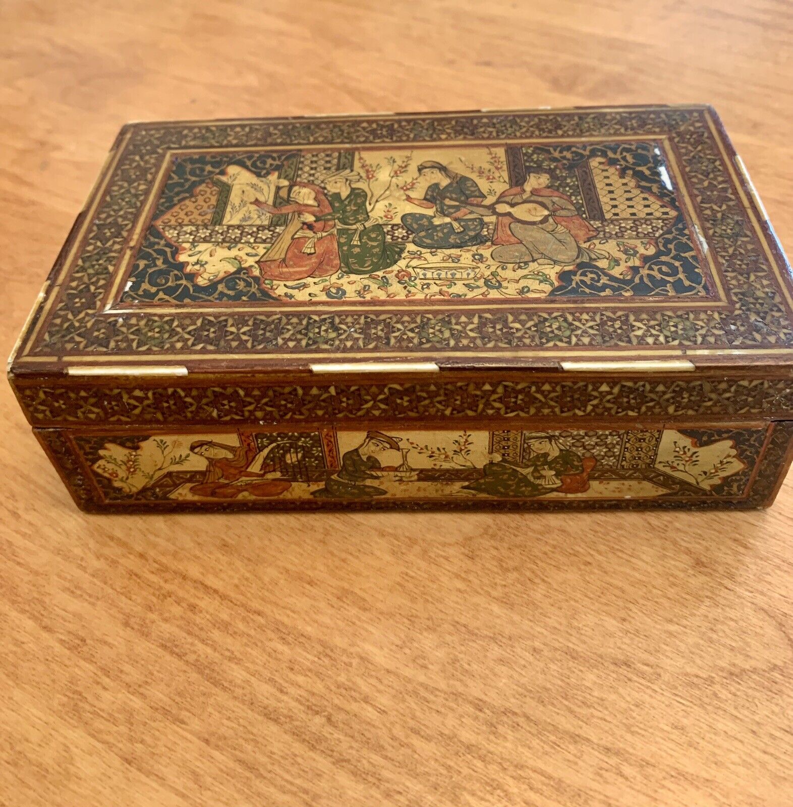 Antique Persian Micro Mosaic Hand Painted Wooden Box Rare