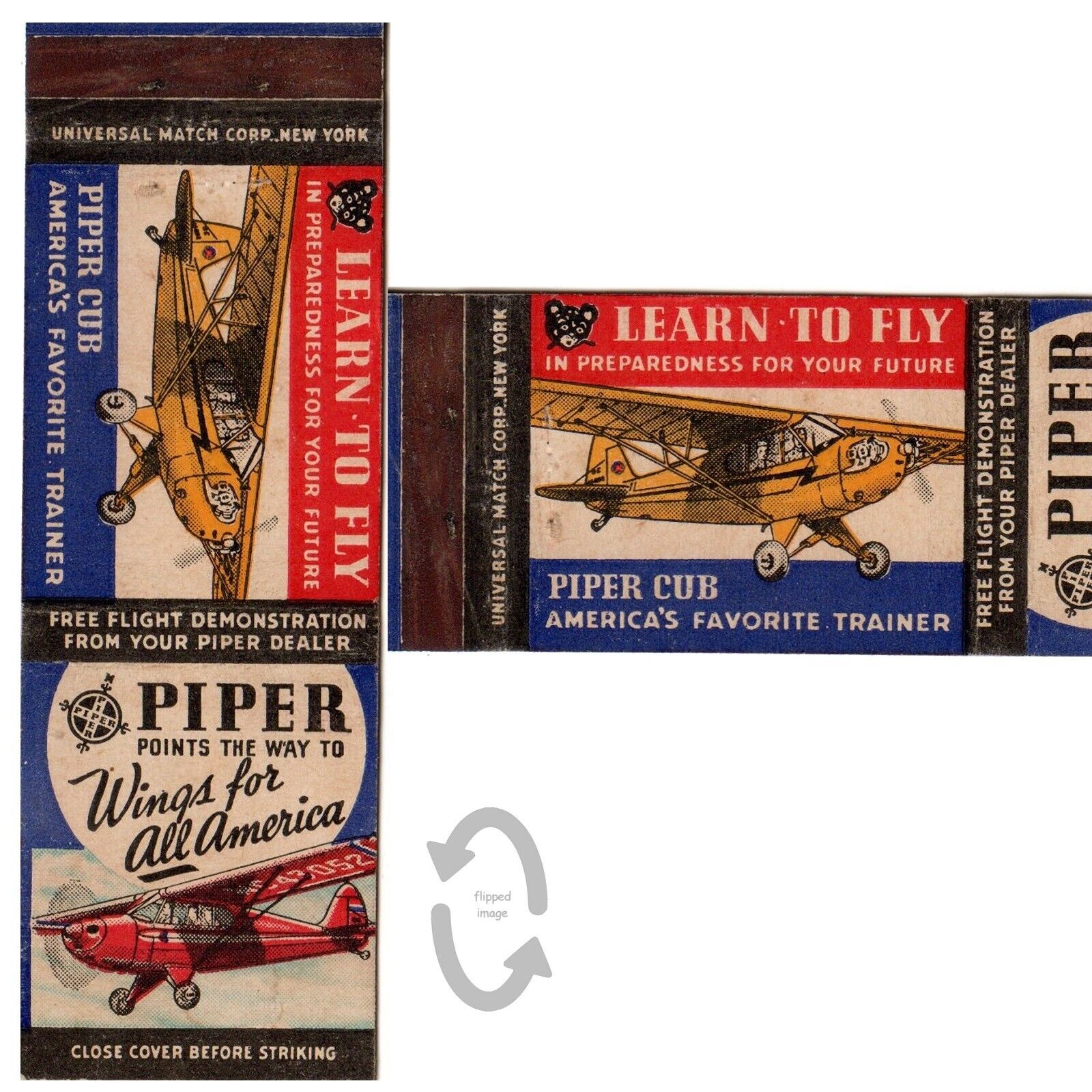 Vintage Matchbook Cover Piper Cub learn to fly coupon 1940s mail offer airplane