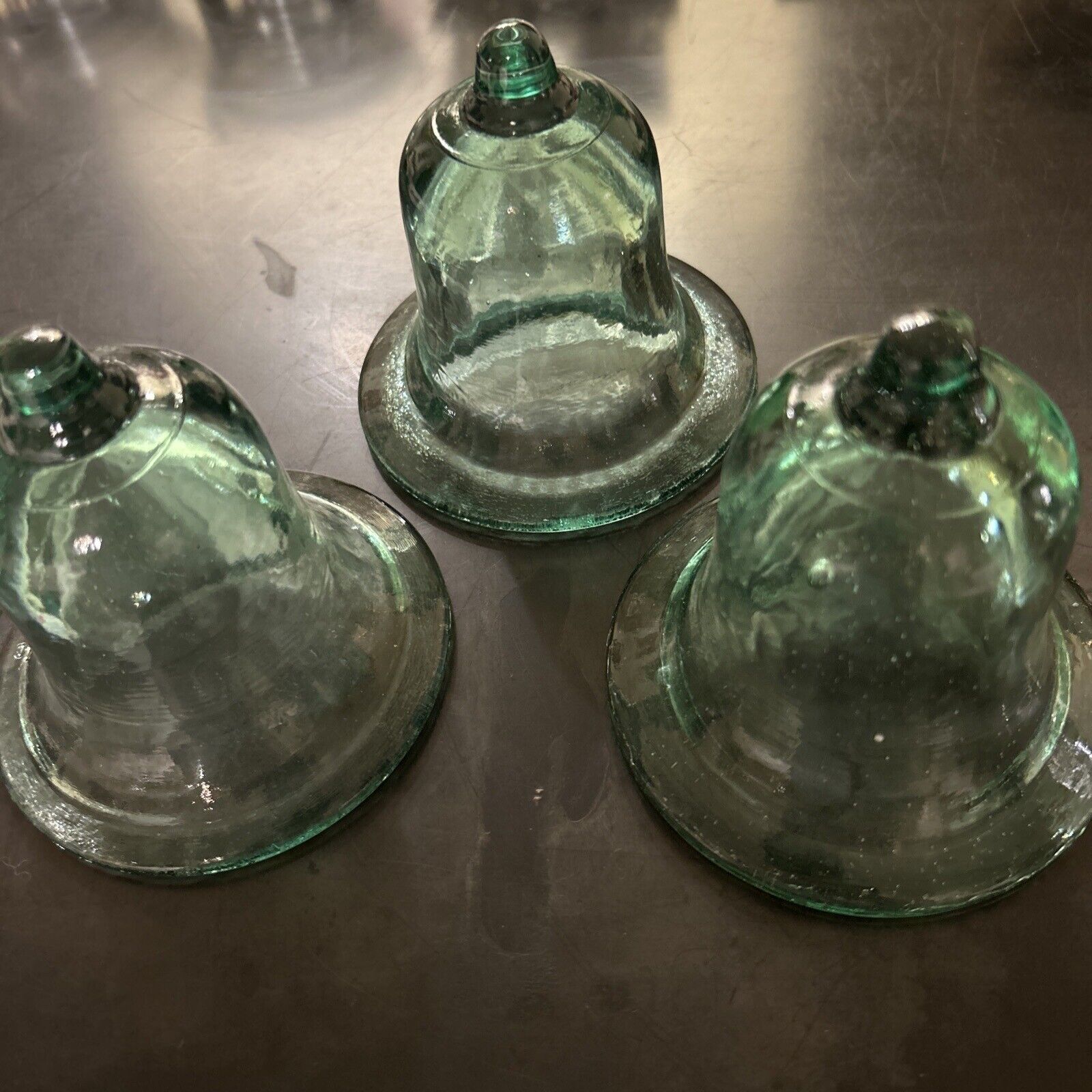 Vtg 3 DEGENHART GLASS  Aqua Green BICENTENNIAL BELLS 4” Tall