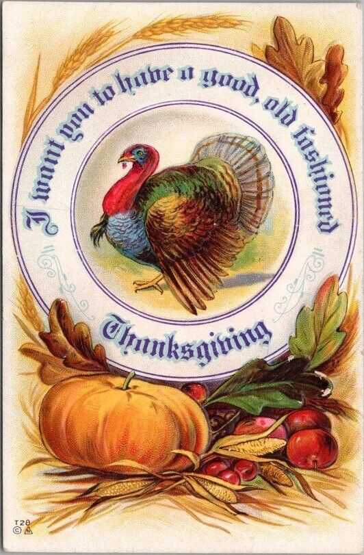 Vintage 1910s THANKSGIVING Embossed Greetings Postcard Turkey / Pumpkin NASH T28